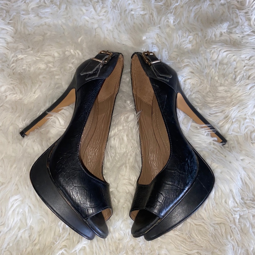 ELLUS Black Leather Peep Toe Stilettos